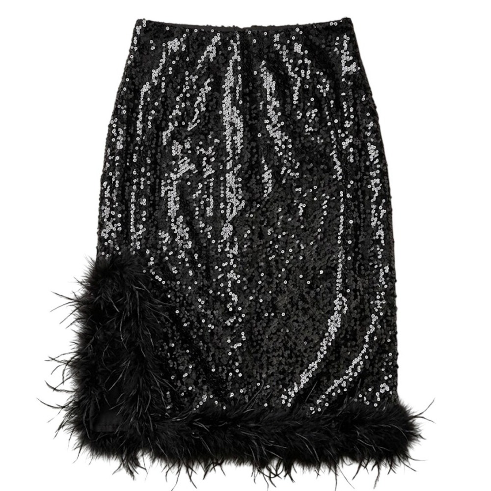 Beulah Style Black Sequin Midi Skirt with Feather Trim Side Slit Size Medium NEW